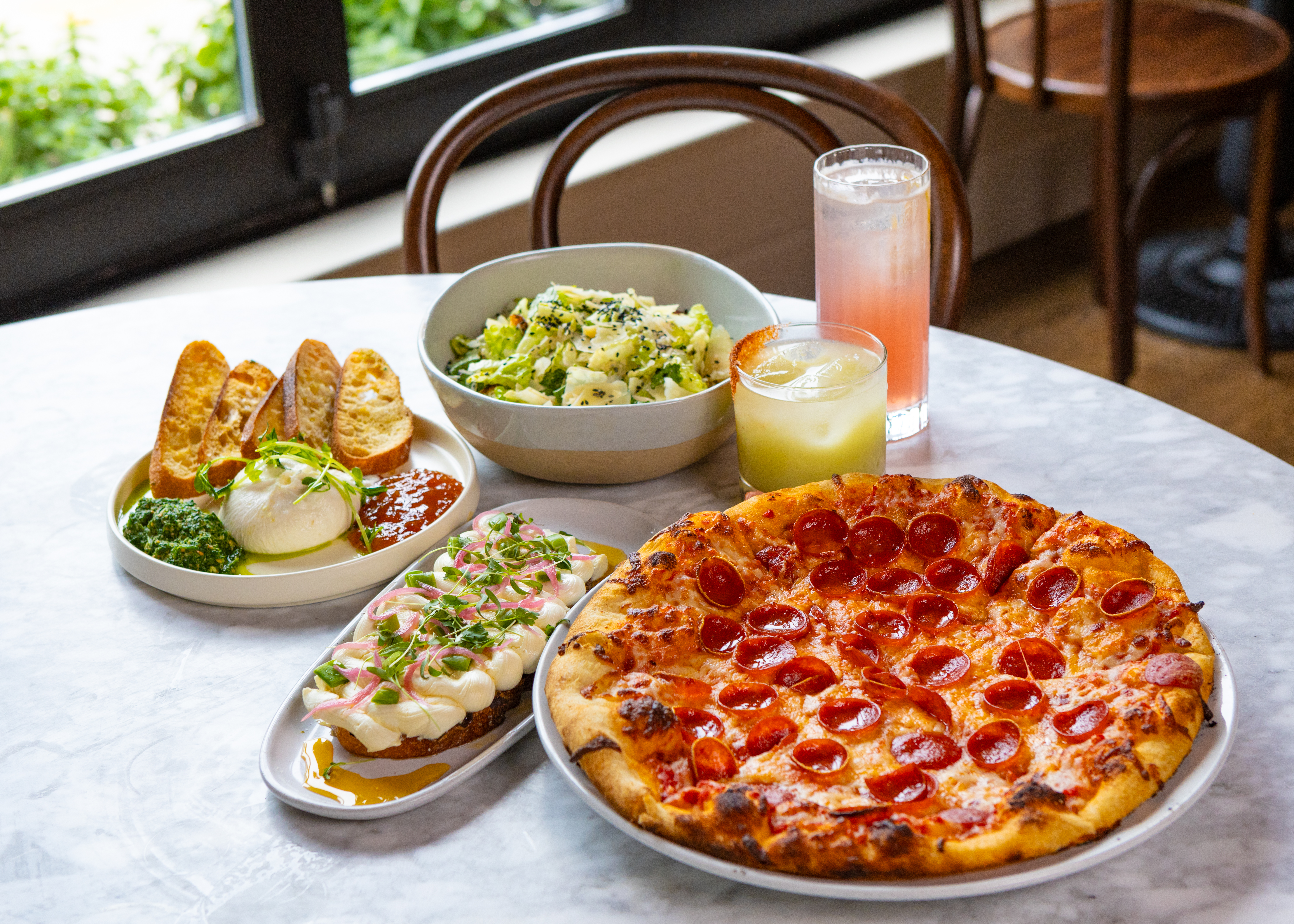 pizza, salad, cocktails, on table